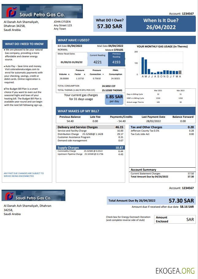 Saudi Arabia Saudi Petro Gas utility bill, Word and PDF template